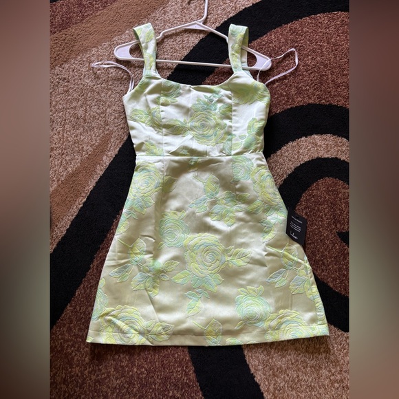 Lulus Brighter Side Light Green Floral Satin Jacquard Mini Dress - Picture 3 of 6